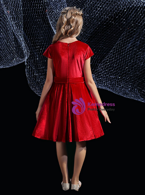 Burgundy Velvet Cap Sleeve Pleats Knee Length Flower Girl Dress