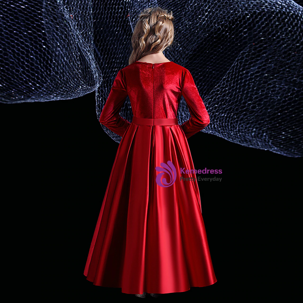 Fancy Burgundy Satin Velvet Long Sleeve Bow Flower Girl Dress