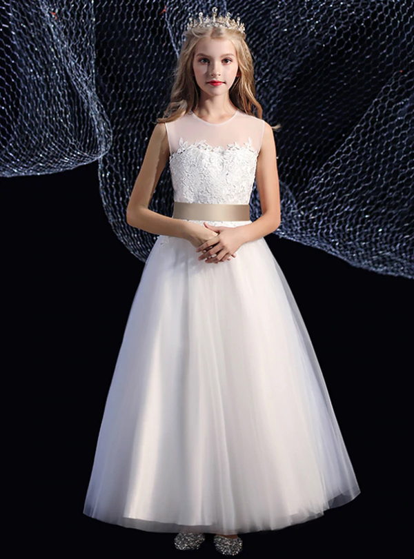Fabulous White Tulle Lace Flower Girl Dress With Sash