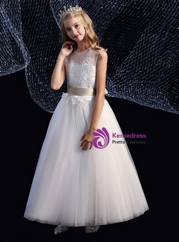 Fabulous White Tulle Lace Flower Girl Dress With Sash