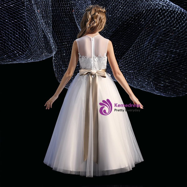 Fabulous White Tulle Lace Flower Girl Dress With Sash