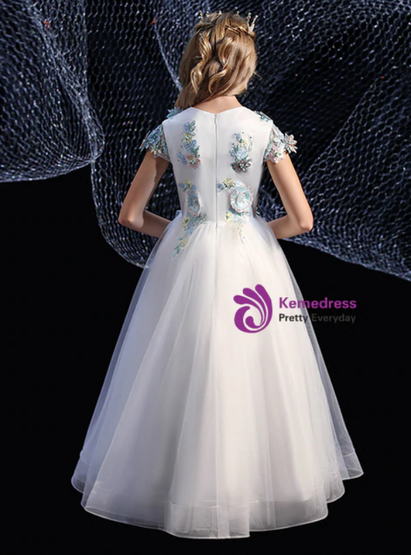 White Tulle Scoop Cap Sleeve Blue Appliques Flower Girl Dress