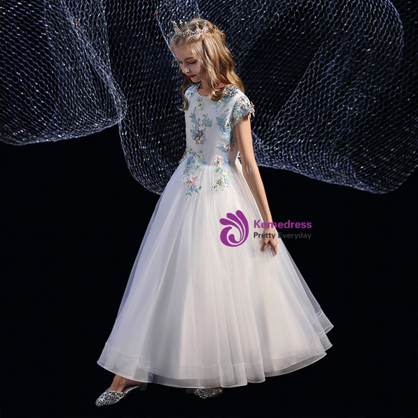 White Tulle Scoop Cap Sleeve Blue Appliques Flower Girl Dress
