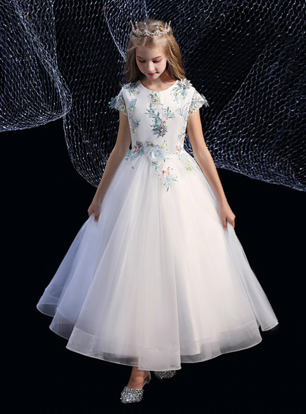 White Tulle Scoop Cap Sleeve Blue Appliques Flower Girl Dress