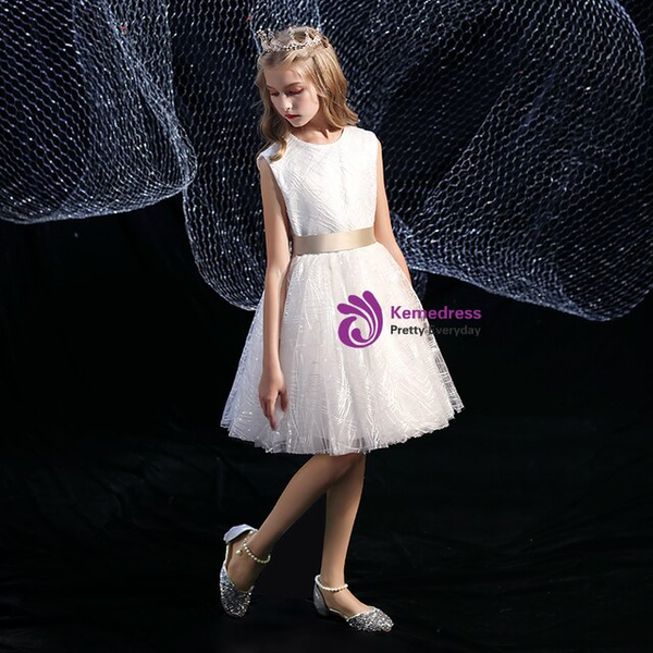 White Tulle Sequins Knee Length Flower Girl Dress With Chmapagne belt