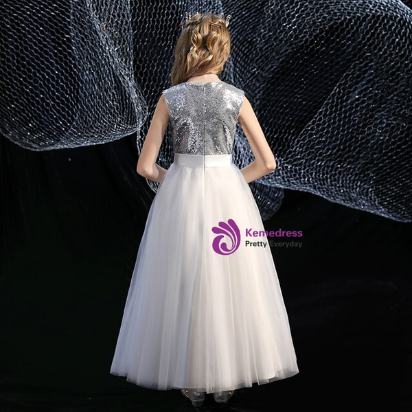 Cheap Silver Sequins White Tulle Flower Girl Dress