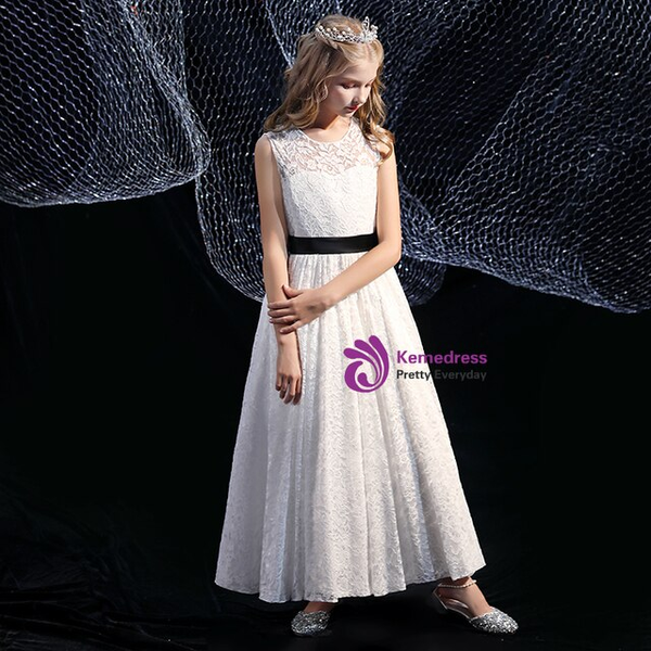 A-Line White Lace Sleeveless Flower Girl Dress With Black Belt