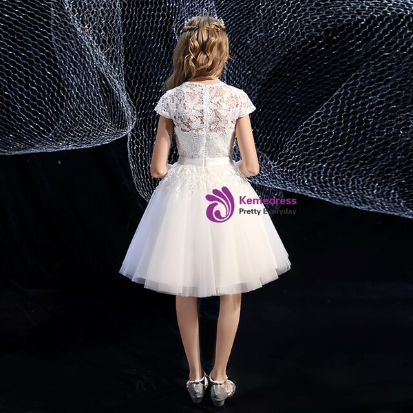 White Tulle Lace Cap Sleeve Knee Length Flower Girl Dress
