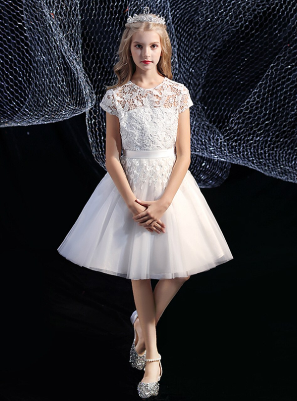 White Tulle Lace Cap Sleeve Knee Length Flower Girl Dress