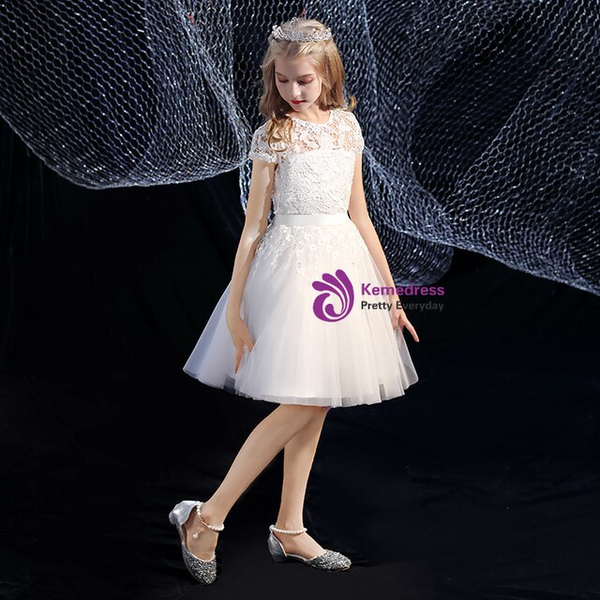 White Tulle Lace Cap Sleeve Knee Length Flower Girl Dress