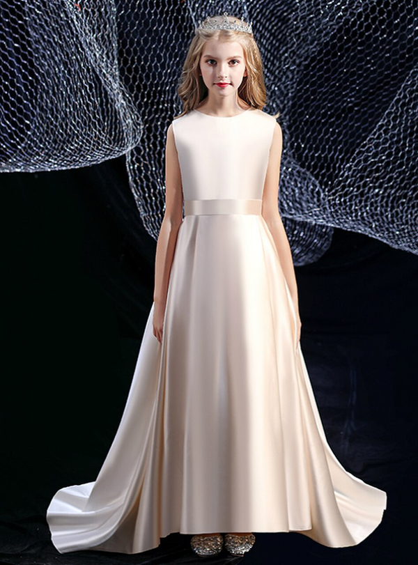 Casual Champagne Satin Flower Girl Dress With Bow