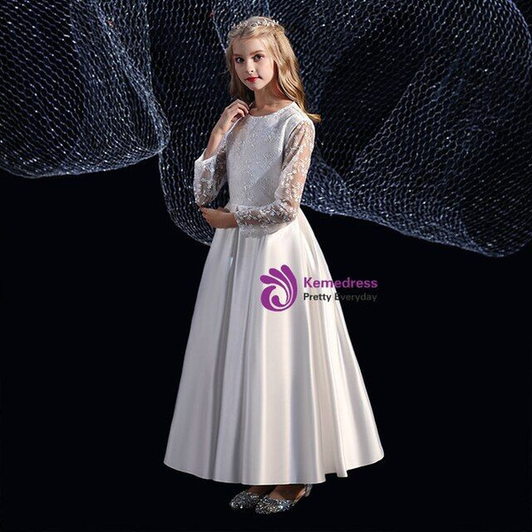 Beautiful White Satin Lace Long Sleeve Flower Girl Dress
