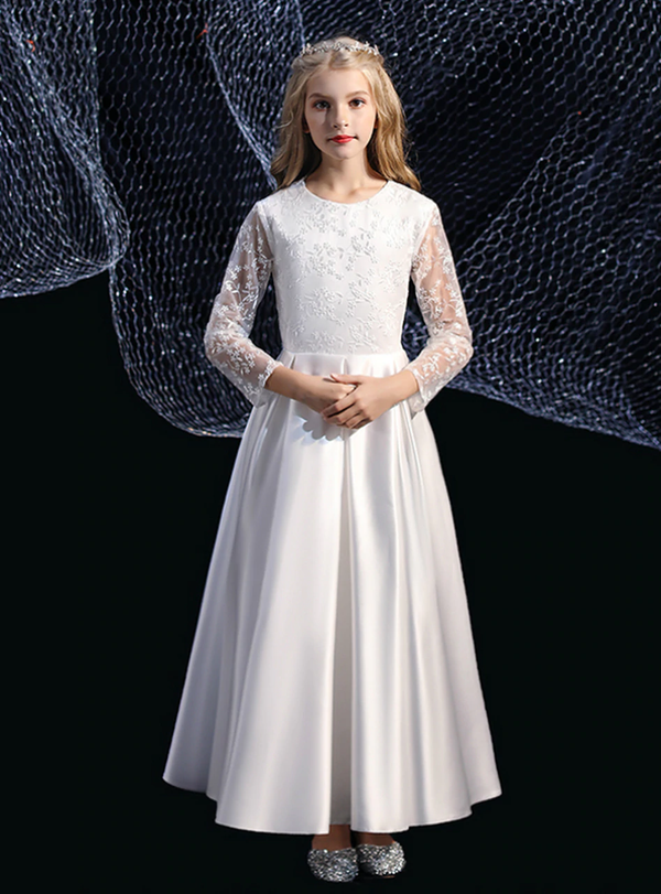 Beautiful White Satin Lace Long Sleeve Flower Girl Dress