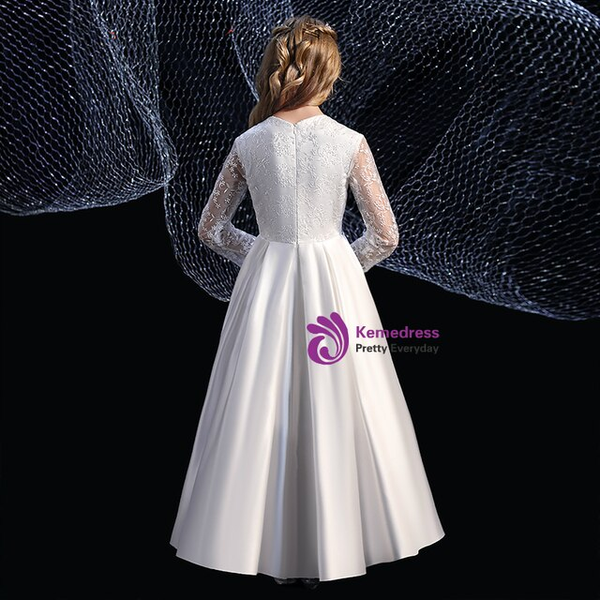 Beautiful White Satin Lace Long Sleeve Flower Girl Dress