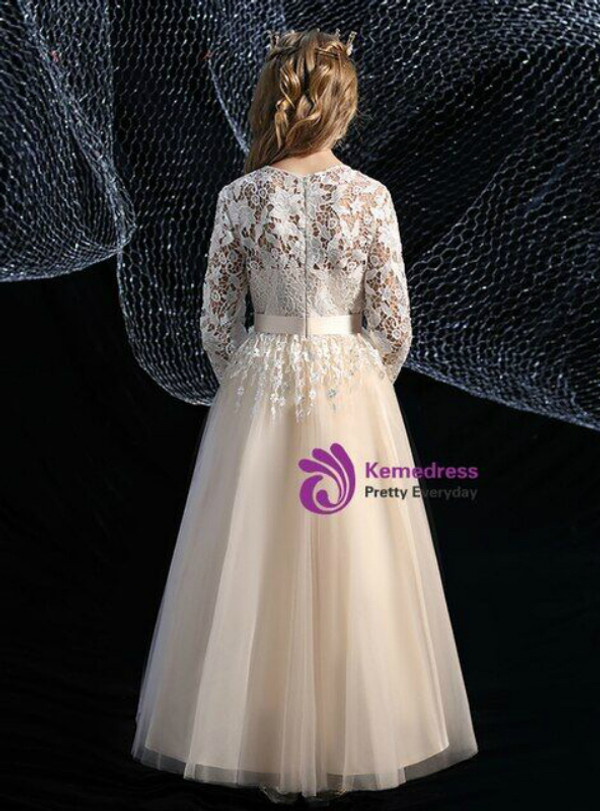 Flattering Champagne Tulle Lace Long Sleeve Flower Girl Dress