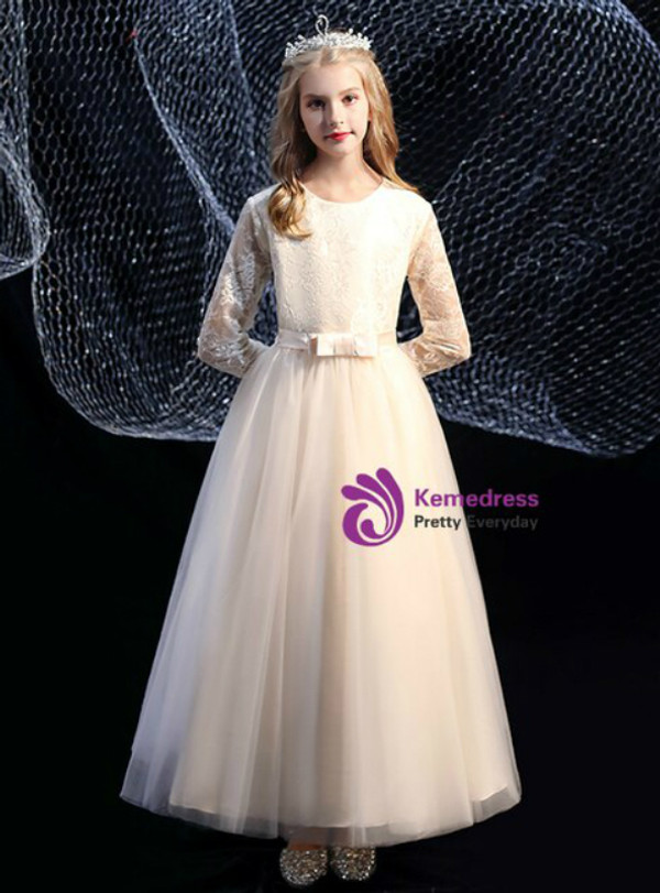 Champagne Tulle Lace Long Sleeve Flower Girl Dress With Bow