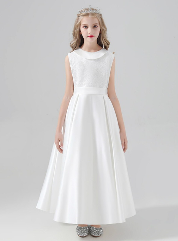 Sweet White Satin Sleeveless Flower Girl Dress With Bow