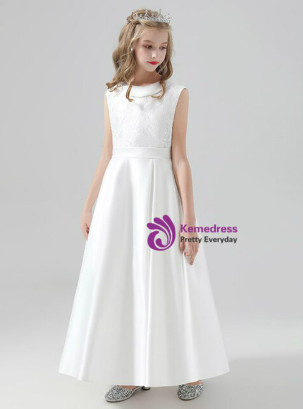 Sweet White Satin Sleeveless Flower Girl Dress With Bow
