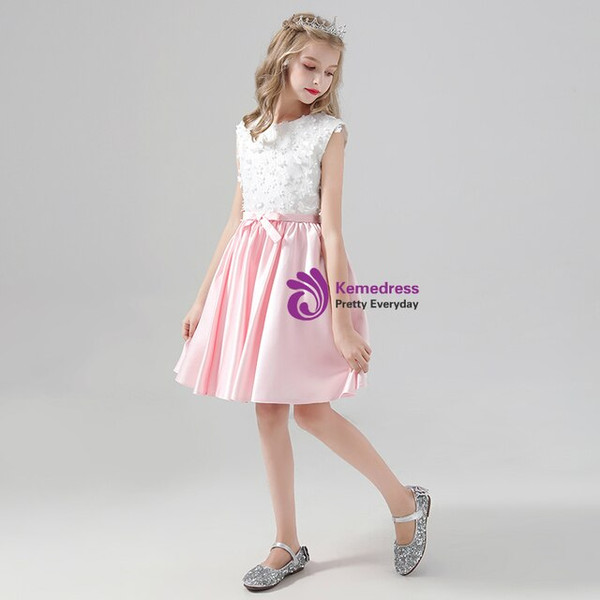 Pink Satin Knee Length Flower Girl Dress With Bow
