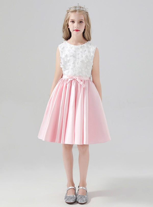 Pink Satin Knee Length Flower Girl Dress With Bow