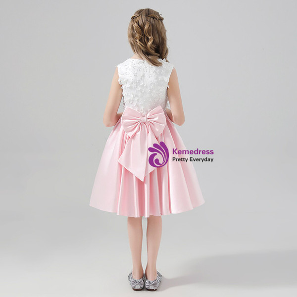 Pink Satin Knee Length Flower Girl Dress With Bow