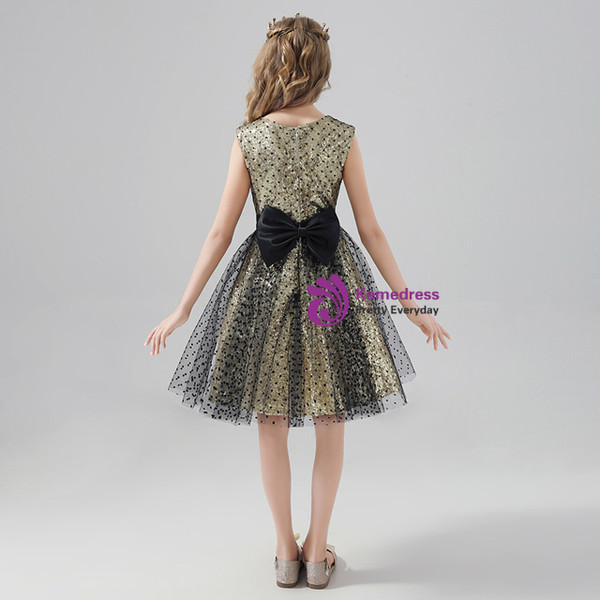 Gold Sequins Black Tulle Knee Length Flower Girl Dress With Bow