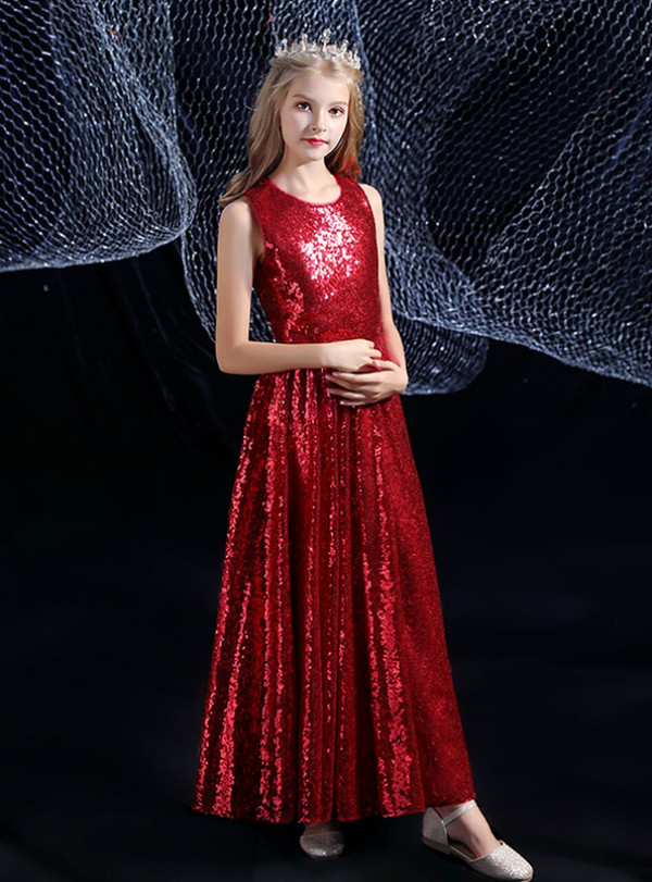 Beautiful Burgundy Sequins Sleeveless Flower Girl Dress