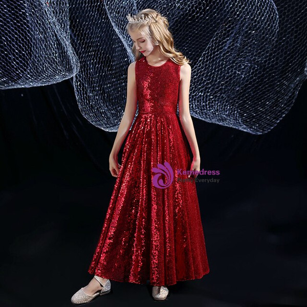 Beautiful Burgundy Sequins Sleeveless Flower Girl Dress