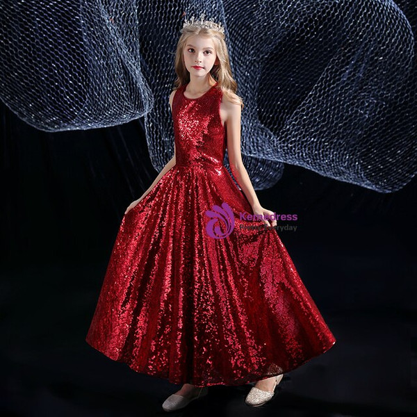 Beautiful Burgundy Sequins Sleeveless Flower Girl Dress