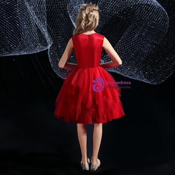 Burgundy Tulle Appliques Knee Length Flower Girl Dress