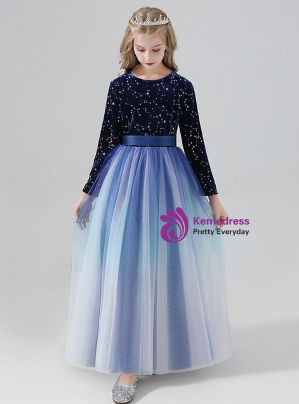 Winsome Blue Tulle Long Sleeve Flower Girl Dress