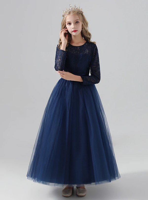 Impressive Navy Blue Tulle Lace Long Sleeve Flower Girl Dress Under 100