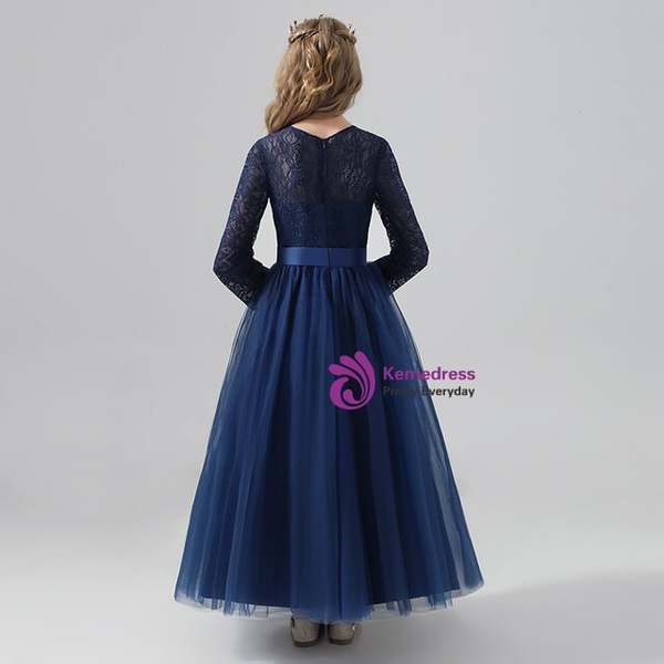 Impressive Navy Blue Tulle Lace Long Sleeve Flower Girl Dress Under 100