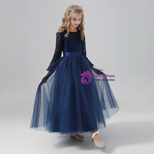 Impressive Navy Blue Tulle Lace Long Sleeve Flower Girl Dress Under 100