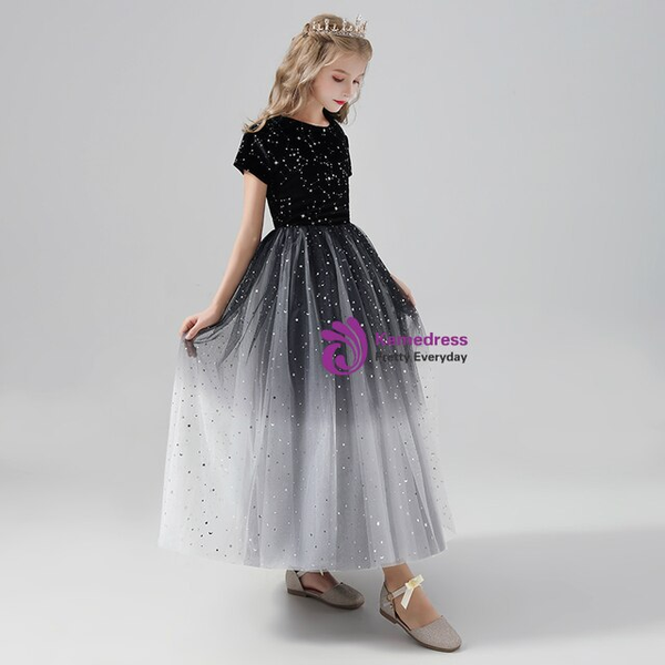Delicate Black Tulle Short Sleeve Stars Sequins Flower Girl Dress
