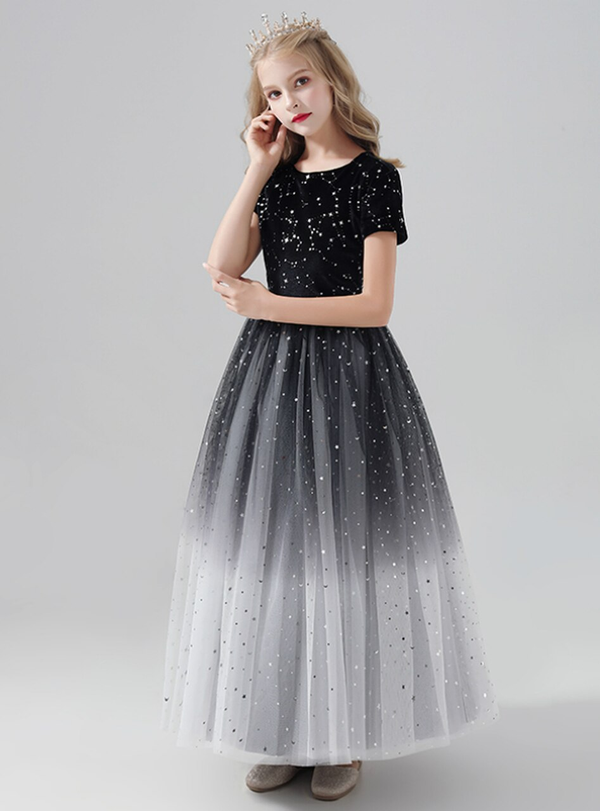Delicate Black Tulle Short Sleeve Stars Sequins Flower Girl Dress