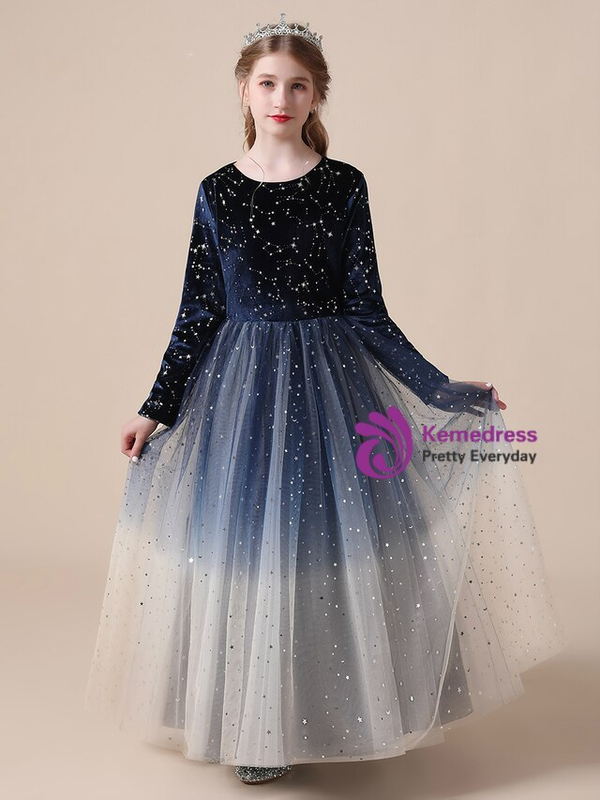 Navy Blue Scoop Tulle Velvet Long Sleeve Flower Girl Dress