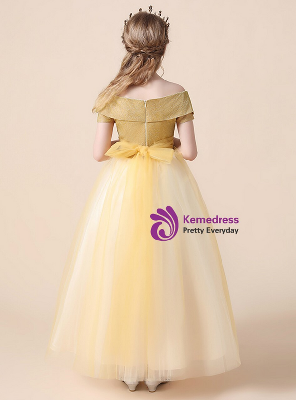 Unique Yellow Tulle Off the Shoulder Short Sleeve Appliques Flower Girl Dress
