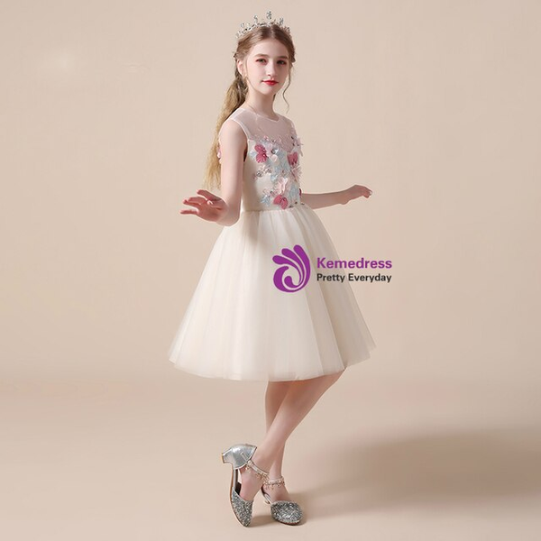 Champagne 3D Colorful Flower Short Flower Girl Dress