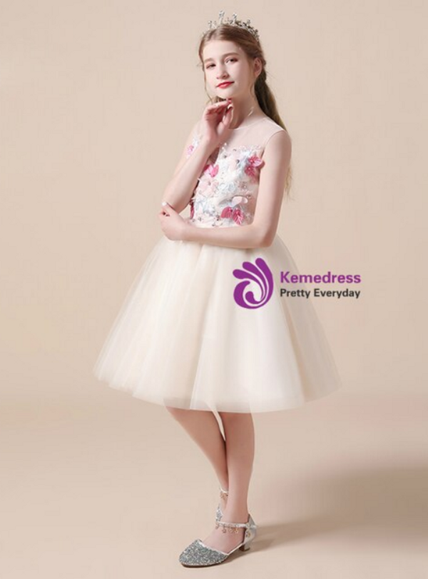 Champagne 3D Colorful Flower Short Flower Girl Dress