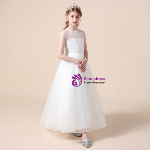 Splendid White Tulle Sequins Cap Sleeve Flower Girl Dress