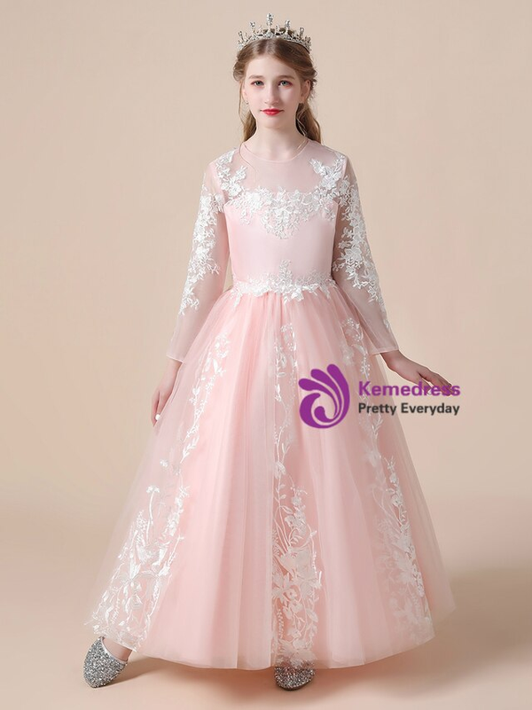 Pink Tulle White Appliques Long Sleeve Flower Girl Dress