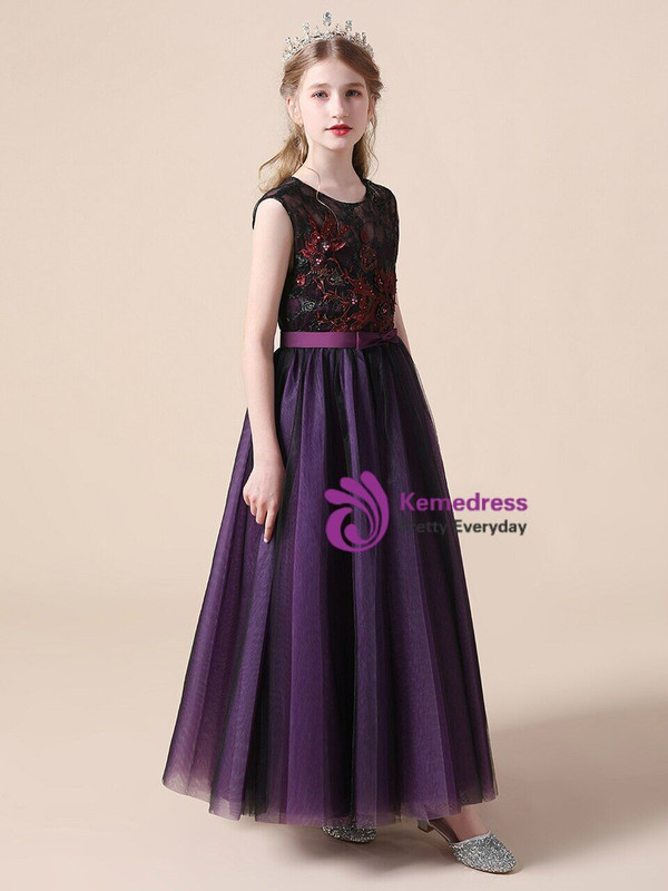 Dark Purple Tulle Appliques Sleeveless Flower Girl Dress