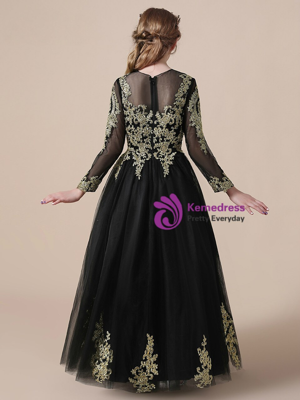 Glamorous Black Tulle Lace Appliques Long Sleeve Flower Girl Dress