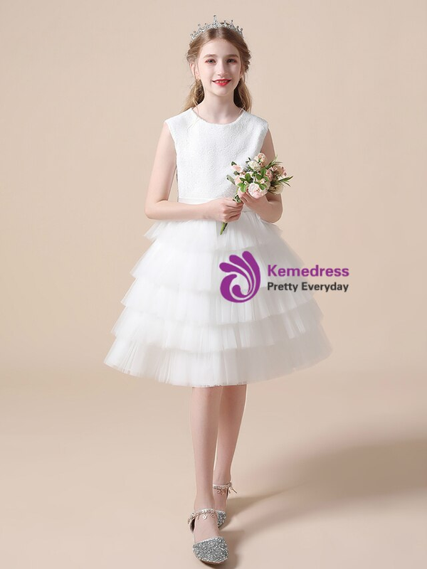 White Tulle Sequins Knee Length Flower Girl Dress Under 100 