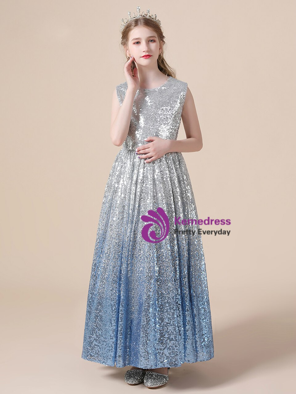 Fashion Silver Blue Sequins Sleeveless Party Flower Girl Dress