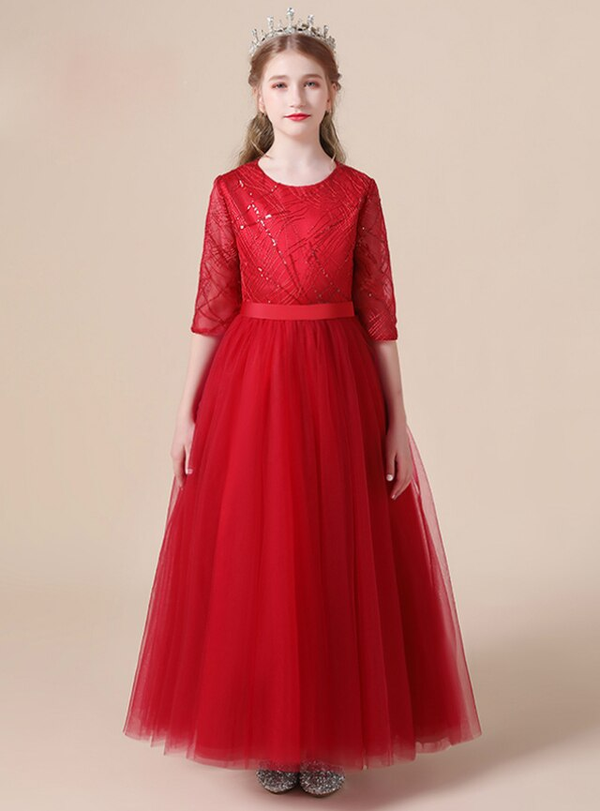 Red Tulle Sequins Scoop Short Sleeve Flower Girl Dress