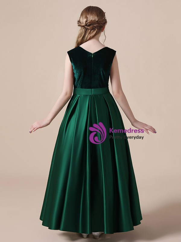Simple Green Satin Velvet V-neck Floor Length Flower Girl Dress