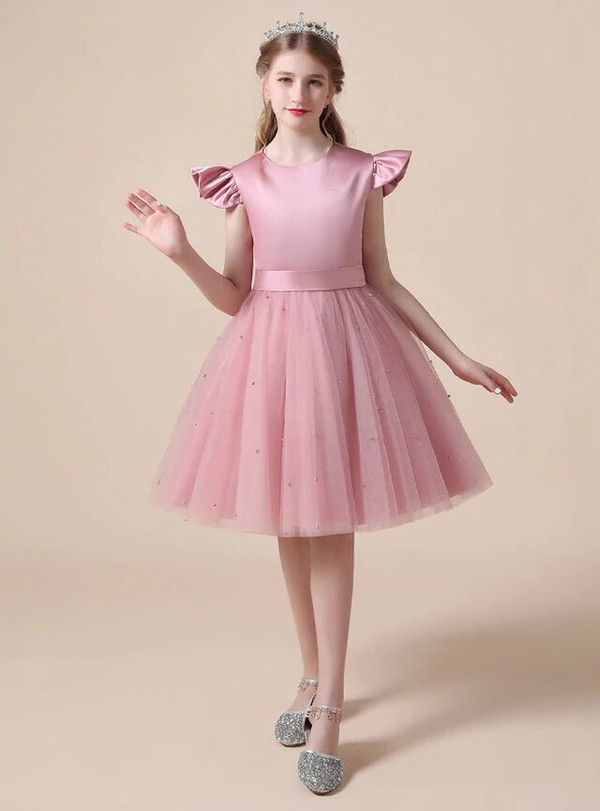 Pink Tulle Satin Knee Length Flower Girl Dress With Bow