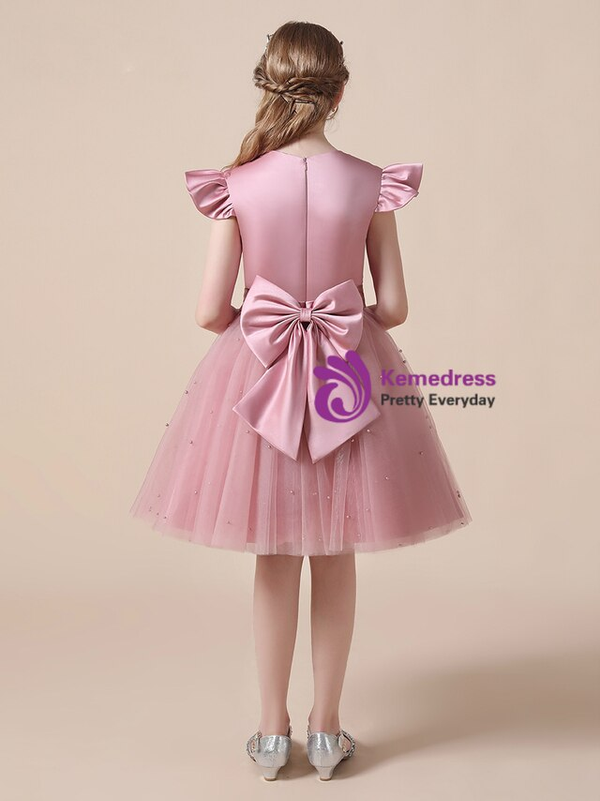Pink Tulle Satin Knee Length Flower Girl Dress With Bow